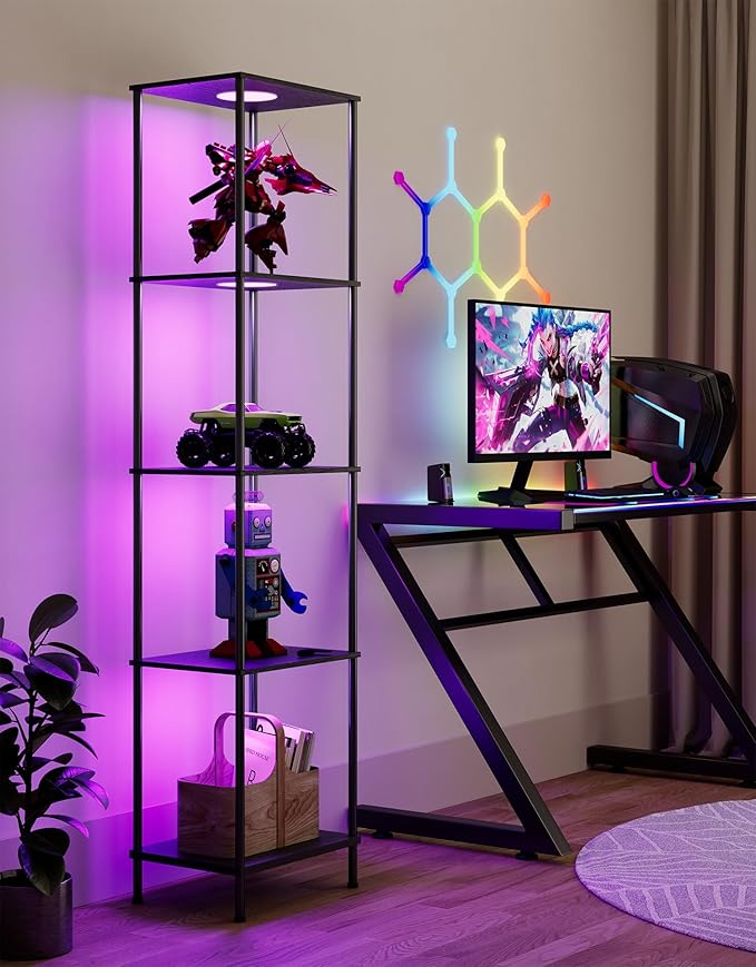 Display Shelf with RGBW Light, Color Changing Curio Cabinet Floor Lamp with Shelves Corner Standing Column Lamp Etagere Organizer Tower Nightstand Bookcase for Living Room Bedroom Office Décor Black