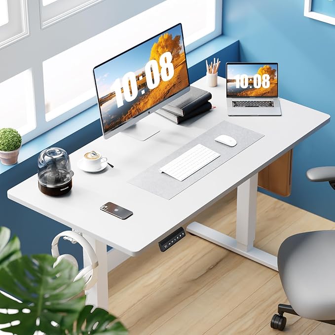 Sweetcrispy Electric Standing Desk Adjustable Height, 48x24 Inch Sit Stand Up Home Office Desks Computer Workstation PC Work Table with 3 Memory Preset Splice Wood Board Metal Frame, White