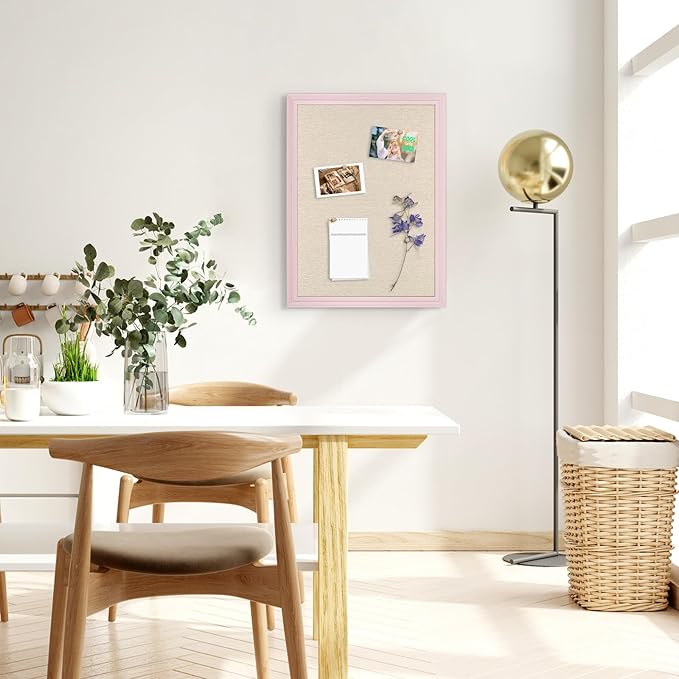 Large Cork Board with Linen, 36" x 24" Hanging Pink Wood Framed Bulletin Board, Picture Display Vision Board Corkboards for Wall Room School Office Decor, 10 Pushpins, 1 Pack