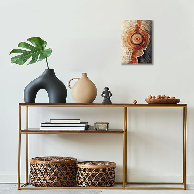 IBHJSART Framed Tree Ring Canvas Wall Art Vintage Colorful Wood Stump Painting Prints Modern Minimalist Pictures Neutral Nature Rustic Farmhouse Decor Living Room Bedroom Bathroom Office