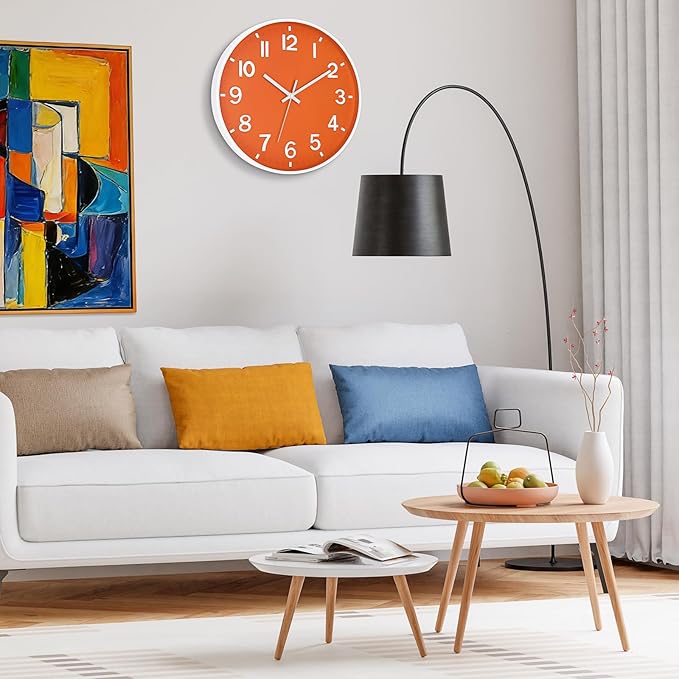 Foxtop Modern Wall Clock Silent Non-Ticking Battery Operated Round Quartz 12 Inch Wall Clock for Bedroom Living Room Kitchen Home School Office Decor (Orange & White)