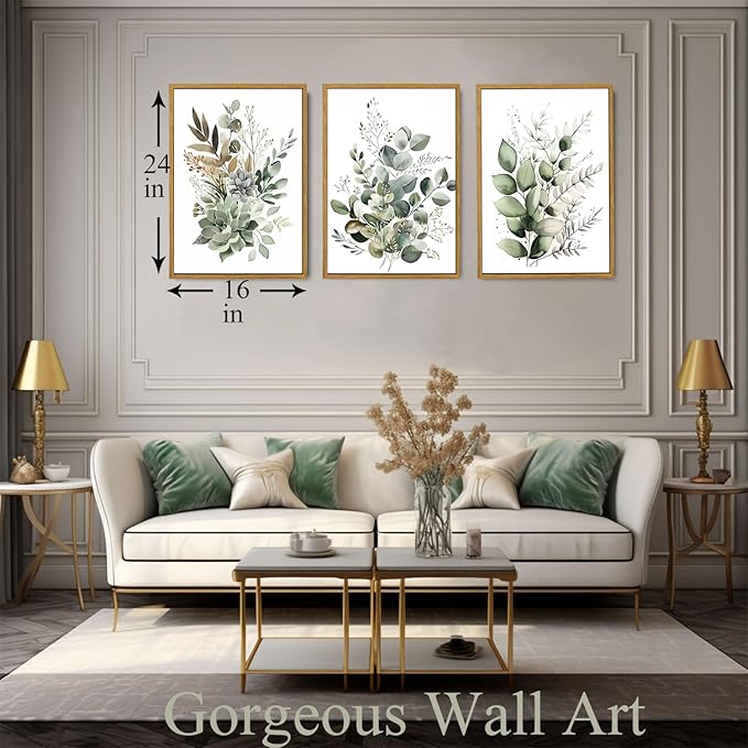 Bwodke Botanical Wall Art Plant Floral Watercolor Canvas Prints Set of 3 Framed Sage Green Painting Eucalyptus Leaf Picture Modern Minimalist Boho Decor Bedroom Bathroom Living Room 16"x24"