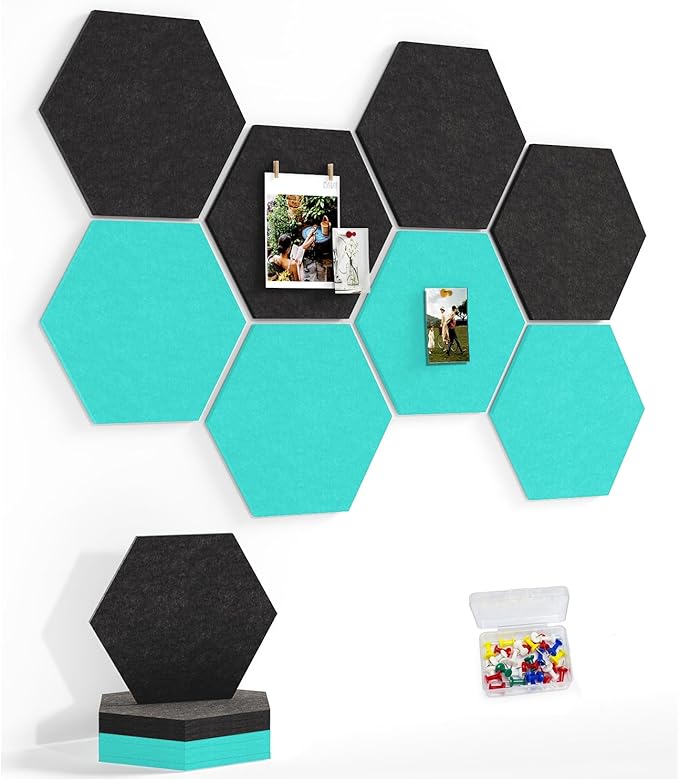 8 Pack Hexagon Felt Bulletin Board Tiles - 11.8" Large Thick Pin Board for Walls with 30 Push Pins, DIY Boards for Office Home School Decor, Aesthetic Hex Cork Board Alternative