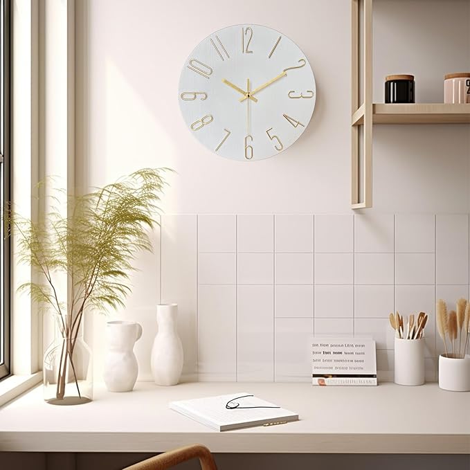 AIRUIFU Wall Clock 12 Inch Silent Non-Ticking Modern Clocks Battery Operated - Analog Small Classic for Office, Home, Bathroom, Kitchen, Bedroom, School, Living Room (White)