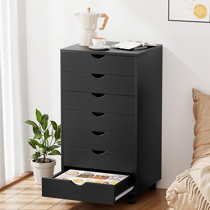 7-Drawer Chest, Office File Cabinet with Wheels, Black
