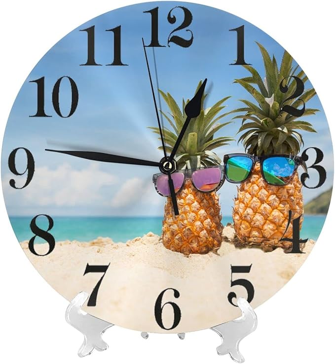 Funny Pineapples on sea Beach Wall Clock Battery Operated Silent Round Clock Wall Decor for Home Office School, 12 Inch