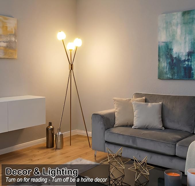 Fiqevs Dimmable Tripod Floor Lamp for Living Room, 3 Globe Modern Gold Floor Lamp with Elegant Frosted Sphere Glass Shade and LED Bulbs, Standing Tall Lamp for Bedroom, Office - Antique Brass