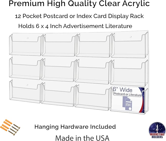 Marketing Holders Post Card Holder Acrylic 12 Slots Hold 6" Printed Media Wall Mount Hanging Hardware Included Use at Community Centers Gift Shops Motels Airports Historical Sites Convenient Clear
