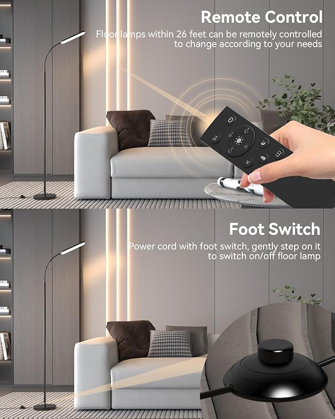 Floor Lamp - Bright 15W LED Floor Lamp with Remote & Touch Control - Stepless Dimming & Color Temperature Adjustable, Eye-Caring Standing Lamp with 1H Timer, Gooseneck Design for Living Room, Bedroom
