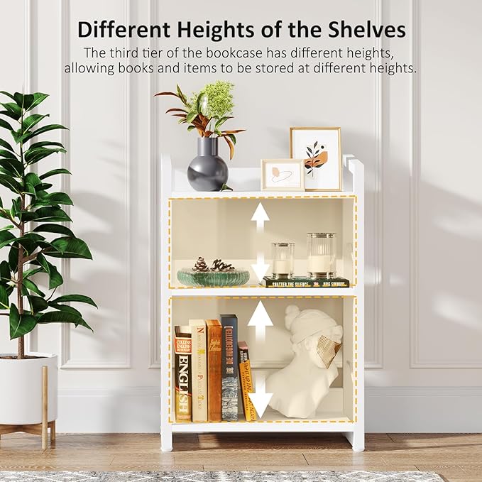 Hosfais Book Shelf Small Bookshelf - 3-Tier Wood Bookcase Industrial Bookshelf Metal Narrow Bookcase Storage Organizer Display Rack for Bedroom Living Room Home Office (White)