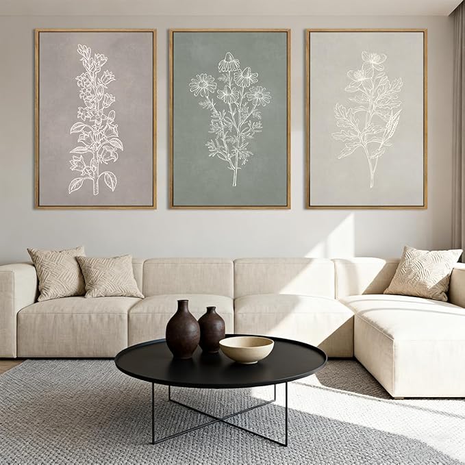 ANHUIB Neutral Botanical Wall Art, Rustic Farmhouse Floral Paintings,Vintage Minimalist Boho Flower Wall Decor 16x24 Inch Plants Set of 3 for Living Room Bedroom