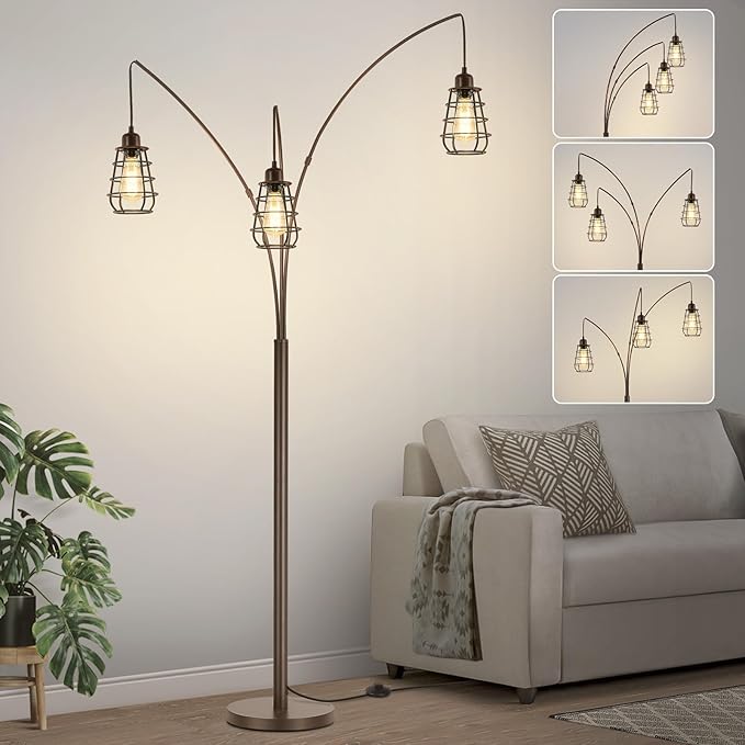 Boncoo Industrial Floor Lamp, 3 Light Arc Floor Lamps for Living Room, 76 Inch Tall Standing Lamp with Metal Cage Shades & Foot Switch, Vintage Floor Lamp for Bedroom, Office, Corner, Bronze