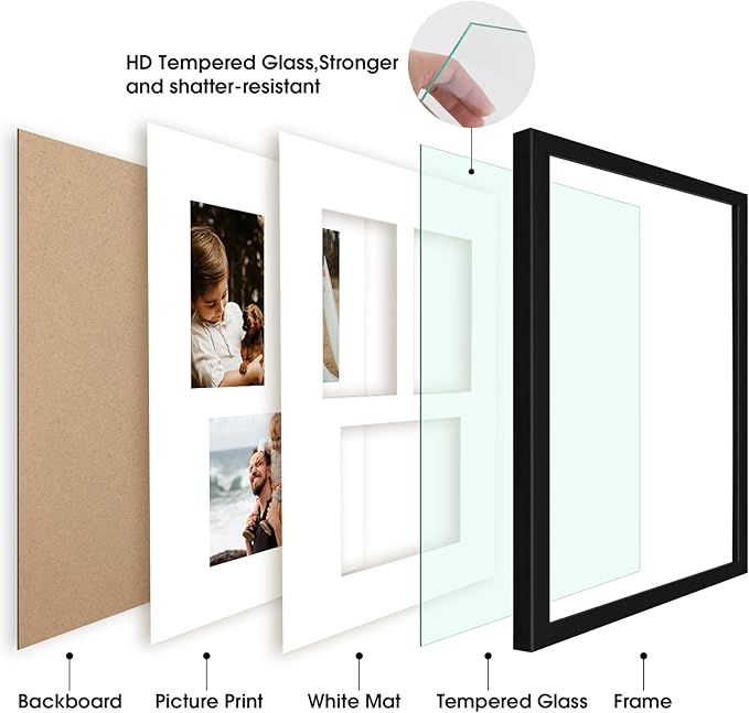 Golden State Art, Set of 10, 11x14 Black Wood Picture Frame - White Mat for 5x7 And 4x6 Photos - Tempered Glass, Sawtooth Hanger, Swivel Tabs - Wall Mounting - Great for Gift