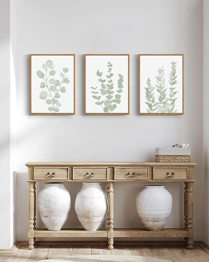 Drsoum Framed Botanical Plant Canvas Wood Wall Art Light Green Sage Wall Decor Eucalyptus Leaf Picture for Bedroom Living Room Bathroom Office 12”x 16” x 3pcs