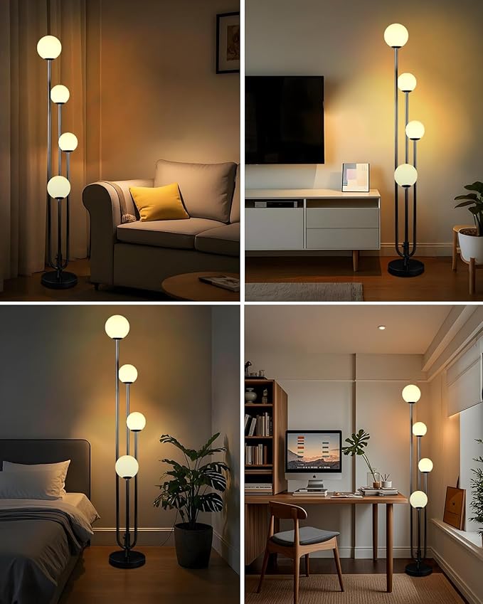 63IN 4-Light Dimmable Floor Lamp, Unique Black Tall Standing Lamps with Globe Shade &3000K G9 Bulbs for Reading, Mid Century Modern Floor Lamp for Living Room Bedroom Office