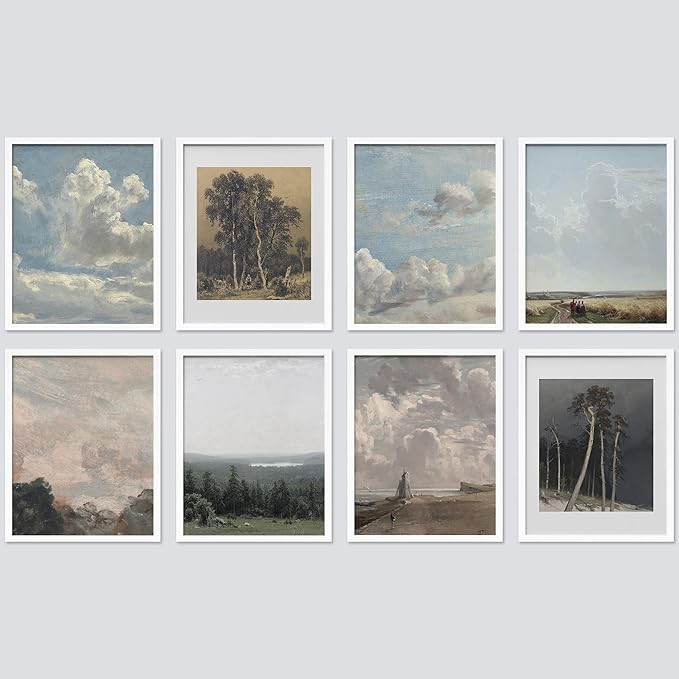 SIGNWIN Framed Poster Wall Art Set of Vintage Landscape Wall Antique Tree Cloud Art Rustic Framhouse Decor for Living Room, Bedroom, Office - 8"x10"x 8 White