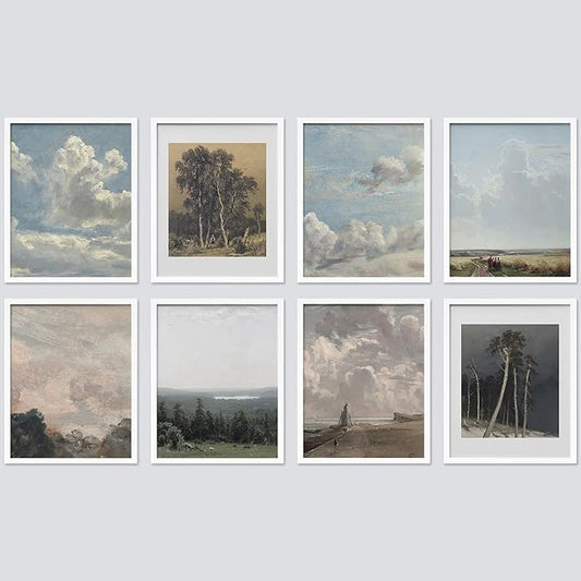 SIGNWIN Framed Poster Wall Art Set of Vintage Landscape Wall Antique Tree Cloud Art Rustic Framhouse Decor for Living Room, Bedroom, Office - 8"x10"x 8 White