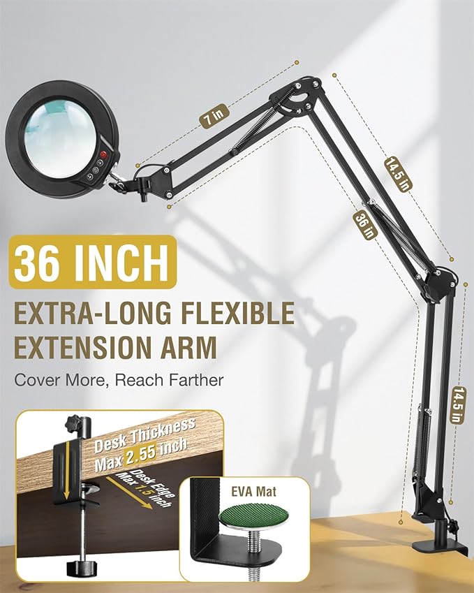 12X Magnifying Glass with Light and Clamp, Ultra Long 3 Section Swing Arm LED Desk Lamp, Real Glass Lens, 5 Color Modes Dimmable, Hands Free Lighted Magnifier with Stand for Repair Craft Close Work