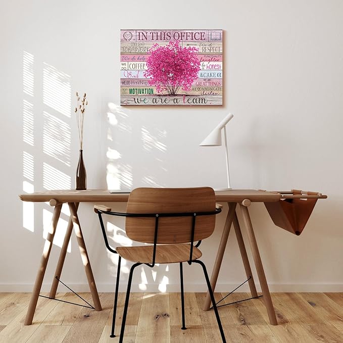 WOWGOOMO Pink Motivational Wall Art for Women Positive Sayings In This Office We Are A Team Flower Tree Picture Poster Modern Entrepreneur Wall Art Home Office Workspace Decoration Framed 12x16 Inch