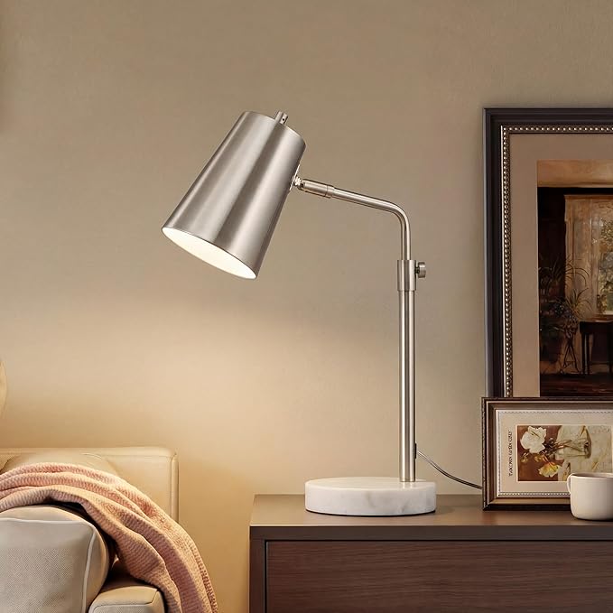 VONLUCE 20" Desk Lamp with LED Bulb, Metal Table Lamp Marble Base, Mid Century Modern Reading Lamp Office, Industrial Task Lamp Work Lamp for Reading Bedroom, Nickel