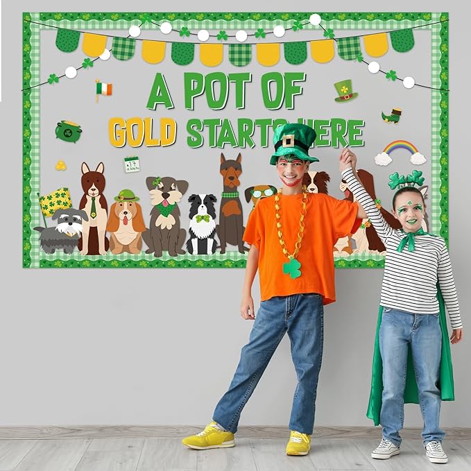 St.Patrick's Day Pet Dog Bulletin Board Set Puppy Classroom Decoration Lucky Shamrock Clover Gold Coin Cute Dog Bulletin Board St. Patricks Cutouts for Irish Home Classroom Chalkboard Wall Decor