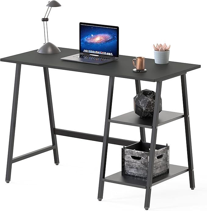SHW 43-Inch Home Office Trestle Computer Desk with Open Storage Shelves, Black