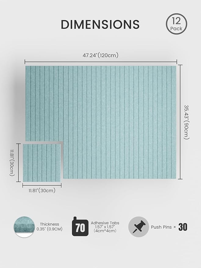 Bumusty Large Cork Board Alternative-48 x 36" Felt Bulletin Board Tiles, with 30 Pushpins, 70 Adhesive Tabs, 12-Pack Slat Wall Paneling, Cork Boards for Office Push Pin Board Felt Board-Aqua Blue