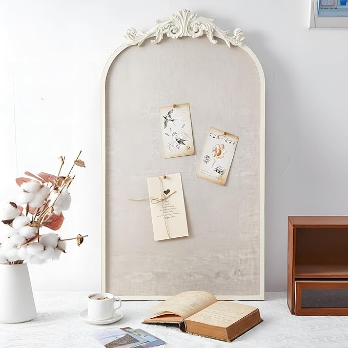 Vintage Framed Pin Board Linen Display Bulletin Board Large Cork Fabric Picture Photo Pinboard Memo Ornate Decorative Pinboard Ornate for Wall Gift(Arch,13" X 25",Antique White)