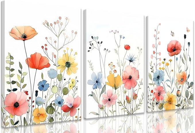 KISSFOX Framed Colorful Wildflower Canvas Wall Art Set Of 3 Flowers Pictures Prints Flowers Printing Floral Watercolors Flower wall Decor Living Room Girls Bedroom Bathroom