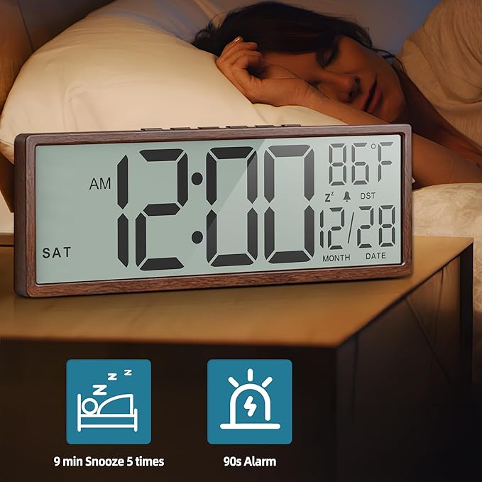 15" Large Digital Wall Clock Battery Operated Black, Clock with Large Display Numbers, Calendar, Auto DST, Clocks for Living Room, Kitchen, Office, Bedroom