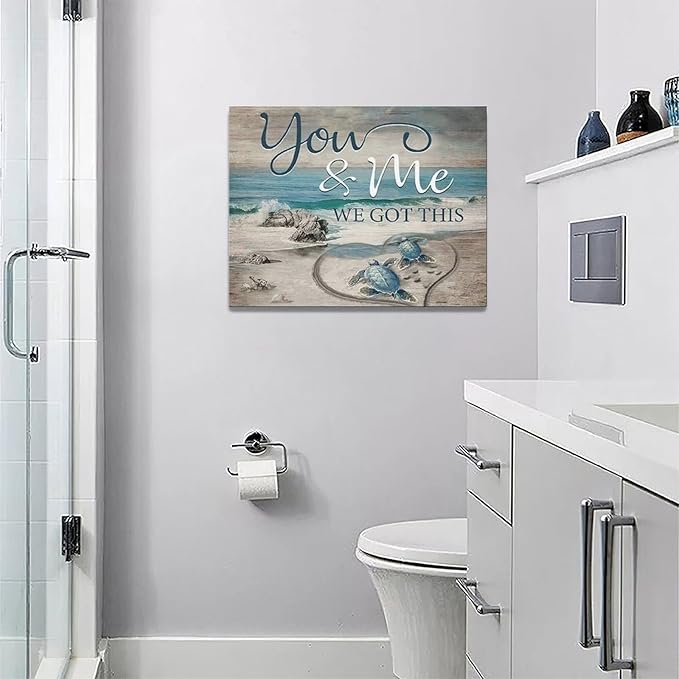 Beach Sea Turtle Bathroom Wall Art Coastal Turtle Love Pictures Wall Decor Ocean Nautical Canvas Seascape Painting Modern Artwork Home Decoration for Living Room Bedroom Office Framed 16"x12"