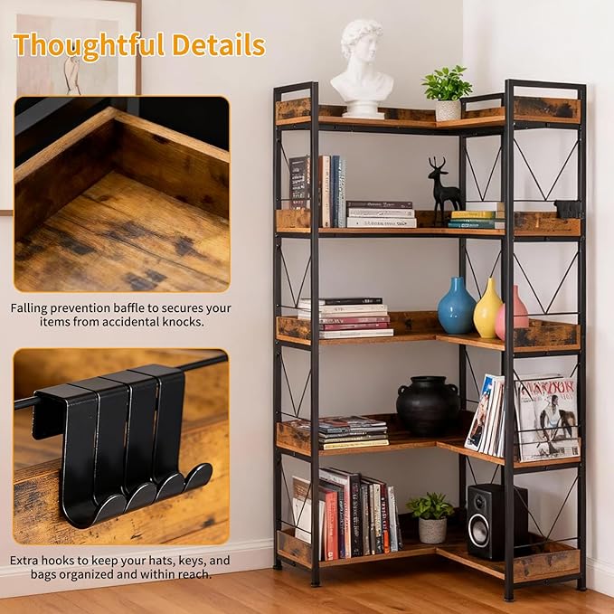 DUMOS 65 inch L Shaped Bookshelf, 5 Tier Corner Bookcase with Hooks and Edge, Industrial Pantry Shelves with Metal Frame, Wooden Open Storage for Living Room, Home Office, Bedroom, Rustic Brown