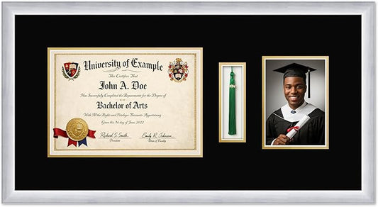 CountryArtHouse Diploma Tassel and Photo Shadowbox Fits 11.69 x 8.27 A4 Certificate with Tassel Ho Stainless Silver Genuine Hardwood with Black Over Metallic Gold Double mat