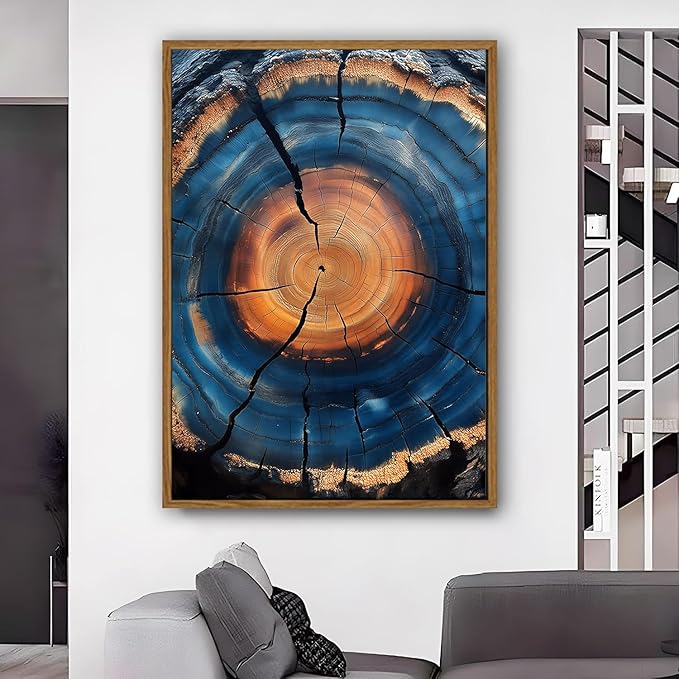 IBHJSART Framed Tree Ring Canvas Wall Art Blue Wall Art Wood Stump Painting Prints Modern Minimalist Pictures Neutral Nature Rustic Farmhouse Decor Living Room Bedroom Bathroom Office
