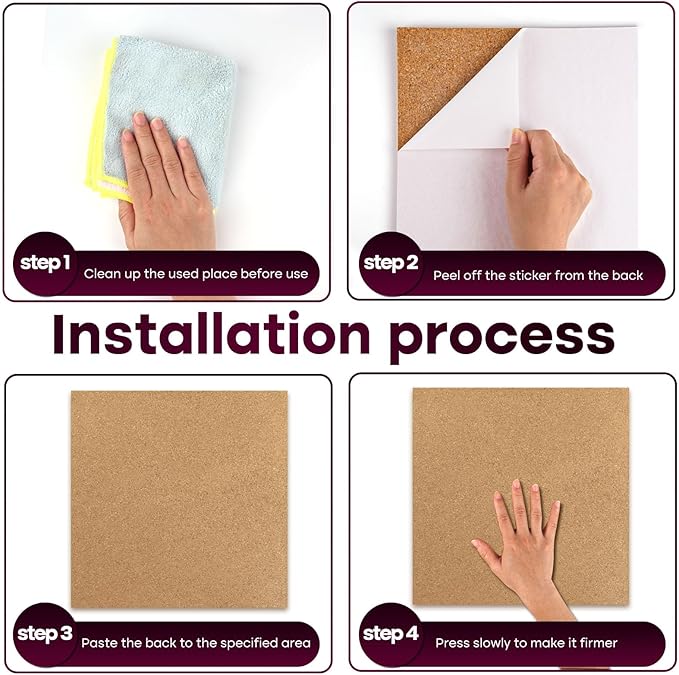 Cork Board 4 Pack Bulletin Boards 12"x12" - 1/4" Self Adhesive Corkboards for Wall School Home Office with 100 Push Pins