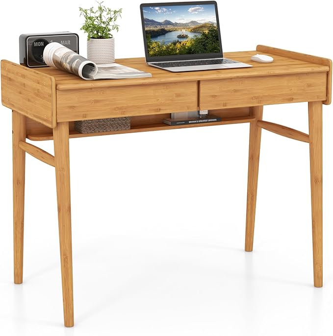 POWERSTONE 39.5" Writing Computer Desk, Modern Bamboo Home Office Desk with 2 Storage Drawers and One Shelf, Study Writing Table Workstation