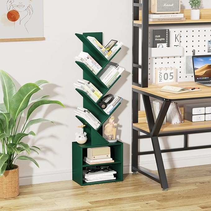 10 Tier Tree Bookshelf,Christmas Green Bookcase for Narrow Space, Storage Organizer Floor Standing Bookshelves for Books, Tall Book Case for Home Office, Living Room, Bedroom