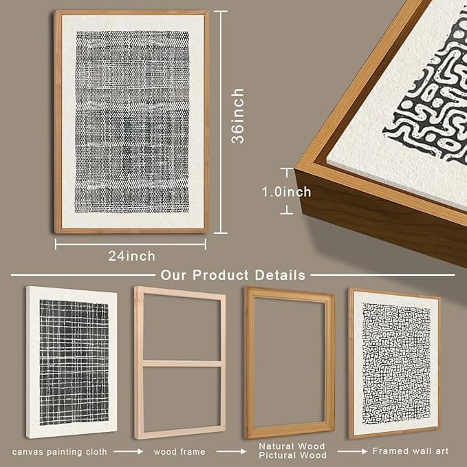 BINCUE Abstract Line Wall Art Set of 3 Modern Neutral Black Wall Decor Geometric Minimalist Artwork Black Abstract Wall Art Framed Modern Paintings for Living Room Bedroom Office Bathroom 24"x36" Gift