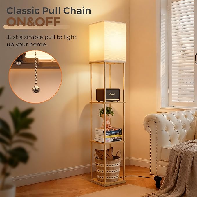 FOLKSMATE Floor Lamp with Shelves, 3-Tier Modern Square Bookshelf Floor Lamp, 3 Color Temperature Bulb Included, Floor Lamps for Living Room Bedroom Corner - Wood