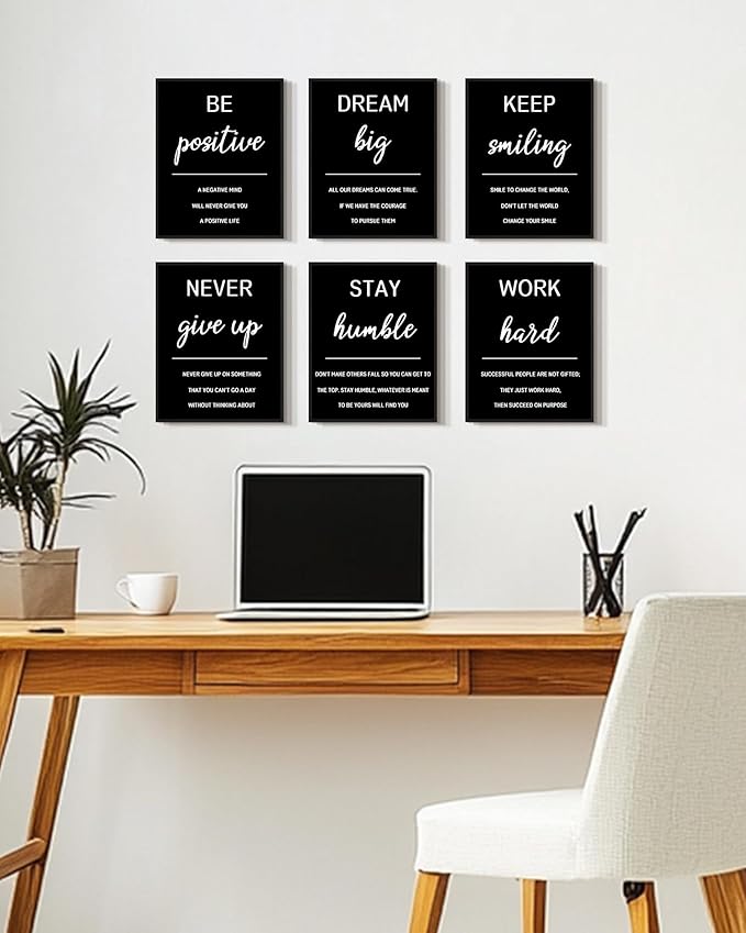 KUVIOKE Inspirational Framed Wall Art Motivational Quotes Wall Decor Encouraging Office Posters Sayings for Classroom Bedroom Living Room Ready to Hang Set of 6, 8x10in (Black Framed)