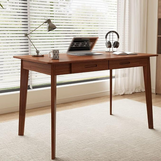 40 Inch Compact Computer Gaming Desk, Study Work Office Desk with 2 Storage Drawers, Rectangular Study Reading Table, Simple Computer Writing Table for Home Office, Living Room,Walnut Color