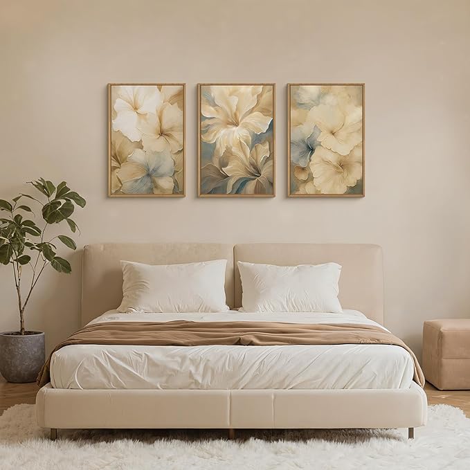 KAIRNE Abstract Floral Framed Canvas Wall Art Set of 3, Modern Neutral Flower Prints, Boho Botanical Artwork for Living Room Bedroom Office, 16×24inch