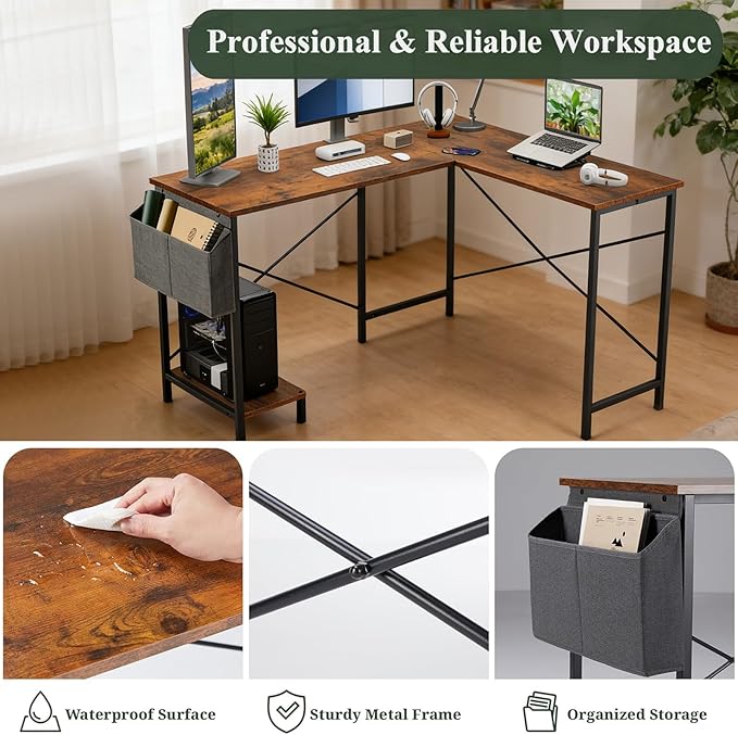 L-Shaped Corner Home Office Computer Desk, Gaming Desk with CPU Stand Shelf and Hanging Storage Pocket, Student Study Writing Table, Sturdy Metal Frame, 43.3" D x 50" W, Rustic Brown