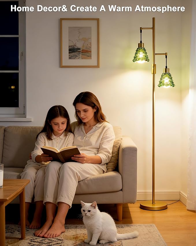 Lightdot 65IN Glass Floor Lamp for Living Room, 2- Light Gold Floor Lamps with Green Glass Shade& 3000K Warm White Bulbs, Modern Standing Tall Lamp for Bedroom/Corner Beside/Home Decor