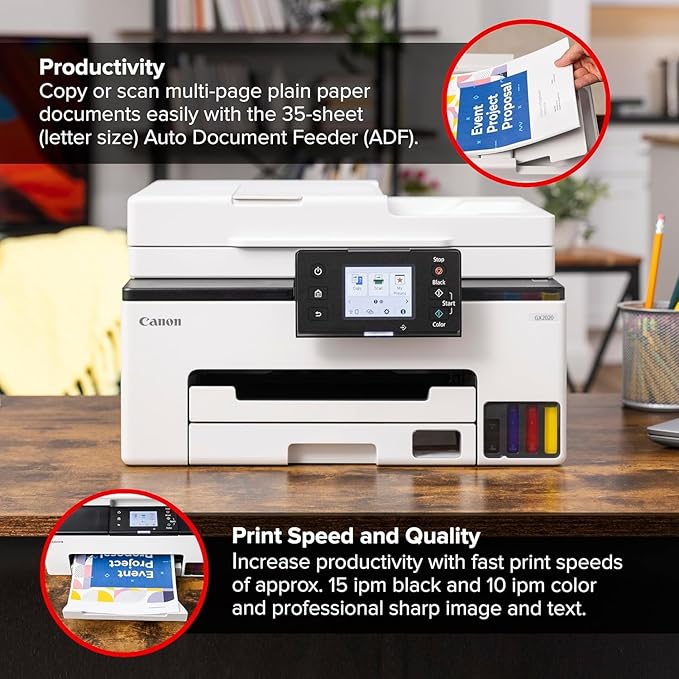 Canon MAXIFY GX2020 Wireless MegaTank All-in-One Color Printer Bundle | Print Copy Scan Fax | for Home Office Small Business High Volume Documents + Cleaning Kit + Ethernet Cable + More (8 Items)