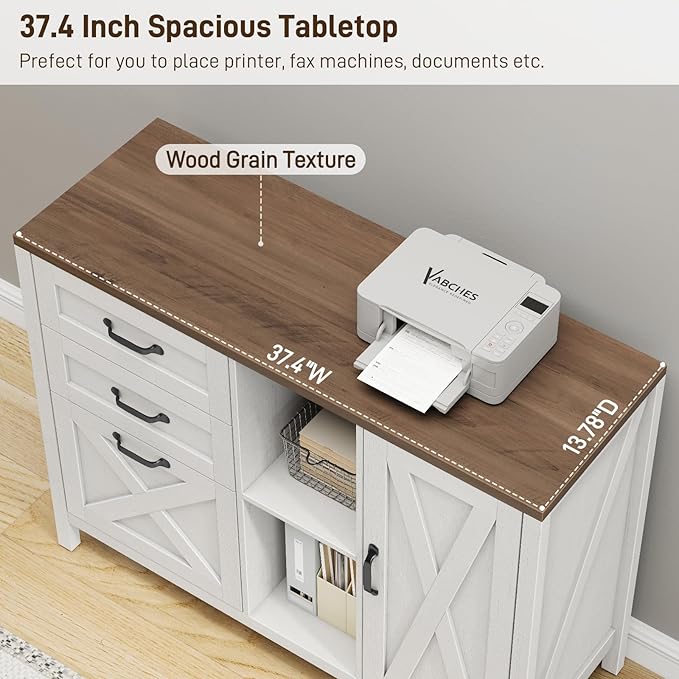 Vabches Lateral File Cabinet, Farmhouse 3 Drawer File Cabinet with Open Storage Shelf for Letter/A4/Legal Size Hanging Files, Large Wood Storage Cabinets Printer Stand for Home Office, White