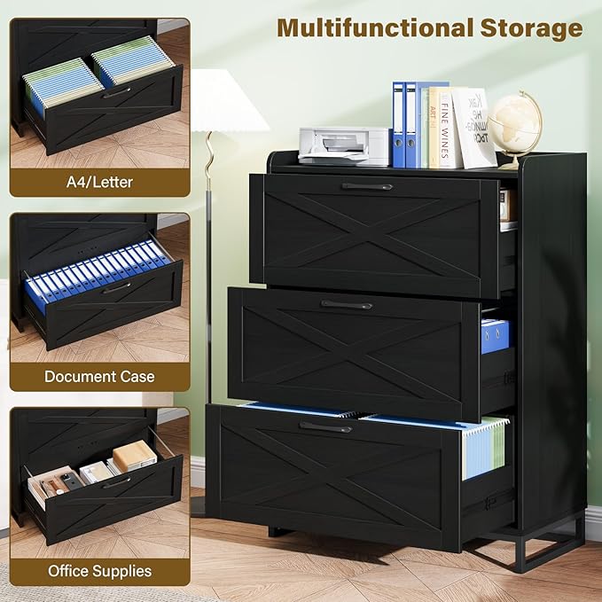 Vabches File Cabinet 3 Drawers Lateral File Cabinet with Charging Station for Letter/Legal/A4 Size Hanging Files, Large Wood File Storage Cabinets Printer Stand for Home Office, Simple Black