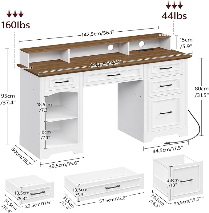 58" Executive Desk, Farmhouse Computer Desk with Drawers, Wooden Office Desk with File Cabinet, Charging Station, Monitor Stand, for Work and Study, White and Walnut CDBZ10E01