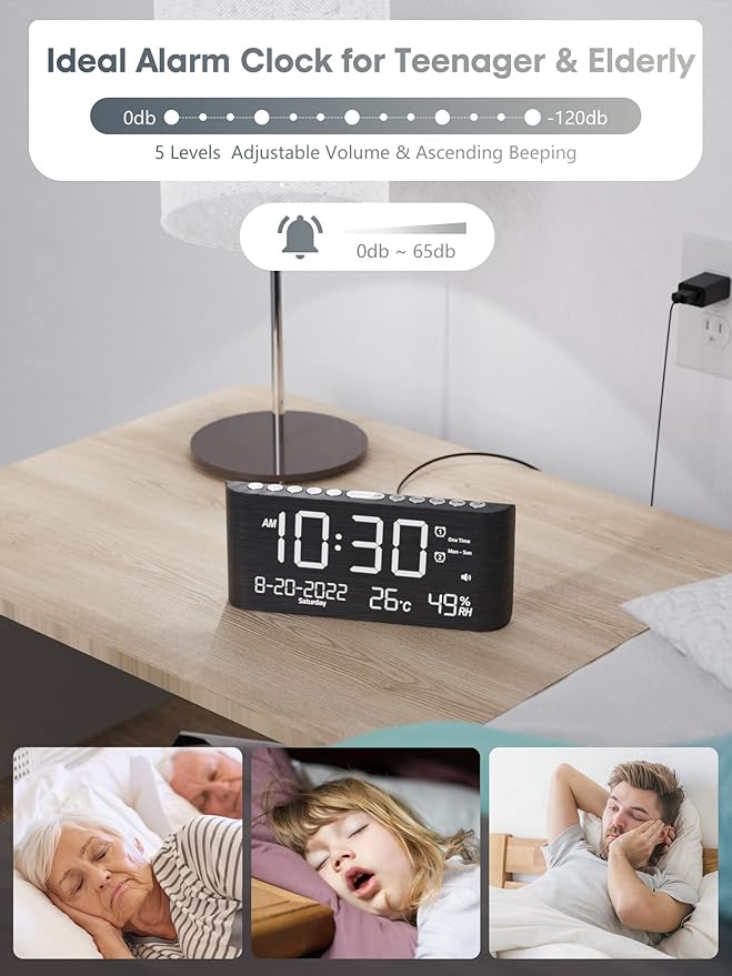 Raynic Alarm Clock, 8.7 Inch Digital Clock, Alarm Clock with USB and Type-C Charger,Dual Alarms,Temperature, Humidity,Date, 5 Adjustable Volume and 5 Dimmer for Bedroom Living Room Office (Grey)