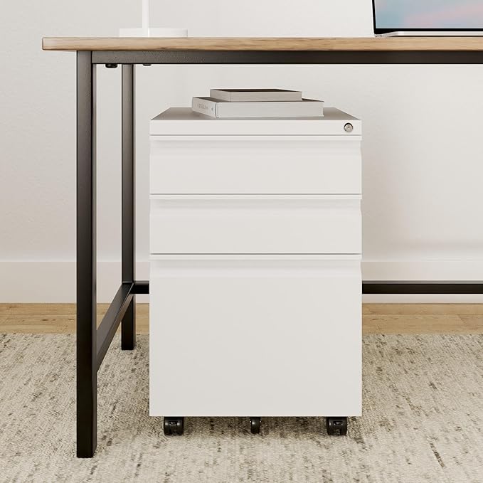Mount-It! 3 Drawer File Cabinet with Lock and Wheels, Under Desk Storage Filing Pedestal for Home Office, No Assembly Small Rolling File Cabinet for Legal, Letter, and A4 Files in White